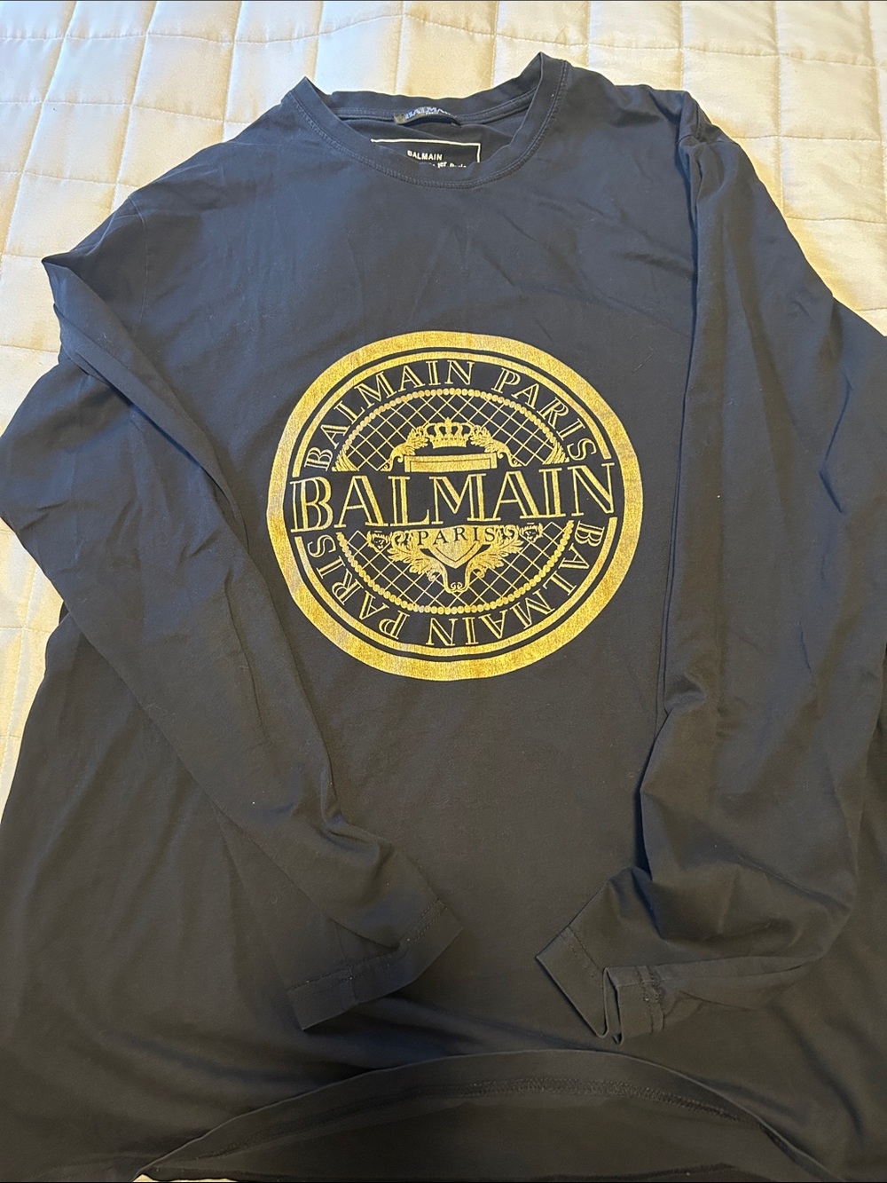 Balmain Black Long-Sleeve Tee with Gold Emblem